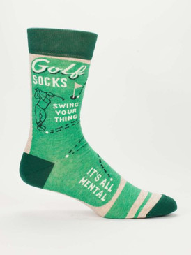 These socks are a hole-in-one! Ok, that was too easy. Look, I know very little about golf, but I know that there's a lot of beer involved. And when you're drinking beer, you want your feet to be comfy, right? 
Men's shoe size 7-12. 57% combed cotton; 40% nylon; 3% spandex.
PLEASE NOTE: This sock features panoramic art - awesome from every angle. There’s no “right and left.” The sassy phrase falls on the outside of your right leg, and the inside of your left.