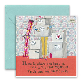 Embrace the magic of small moments with Curly Girl! Colorful collage art and hand-stamped wisdom make every piece a work of art that happens to be a super handy, post-perfect greeting card!  Our Home Is Where Greeting Card says:“Home is where the heart is, even if you can’t remember which box you packed it in.“Small words: “happy new home"
5.5” Square*
Blank Inside
Colored Envelope*
Poly-sleeved*Square cards may require additional postage
*Envelope color may vary 