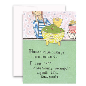 Embrace the magic of small moments with Curly Girl! Colorful collage art and hand-stamped wisdom make every piece a work of art that happens to be a super handy, post-perfect greeting card!  Our Guacamole Card says:“Human relationships are so hard. I can’t even ‘consciously uncouple’ myself from guacamole.”Small words: “hang in there”
A6 Card (4 1/2″ x 6 1/4″ )
Blank Inside
White envelope
Poly-Sleeved 