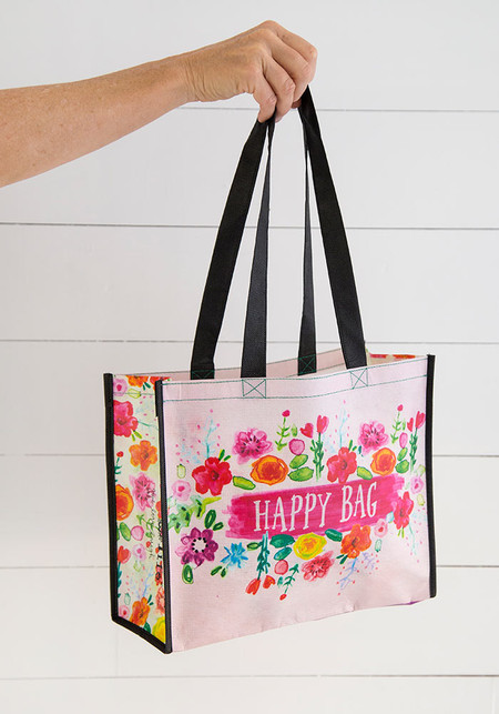 Make your shopping fun with this happy shopping with this reusable bag features nylon webbed handles 
Sentiment: Happy Bag 
Composition: rPET, made with 80% recycled plastic water bottles
Dimensions: 12.5in L x 5in W x 10.25in H, 11in handle drop  