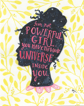 Embrace the magic of small moments with Curly Girl! Colorful collage art and hand-stamped wisdom make every piece a work of art that happens to be a super handy, post-perfect greeting card!  
Our Universe Girl Card says:“fear not powerful girl, you have the whole universe inside you.”
Size: A6 Card (4 1/2″ x 6 1/4″)
Blank Inside
White envelope
Poly-Sleeved 
