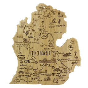 Our Destination Cutting & Serving Boards are laser engraved with iconic points of interest, cities, historic landmarks and wonderful roadside attractions, reminding us of the places we love and the places we hope to visit.
Destination Michigan measures Size: 13.25" x 11.75" x 5/8"