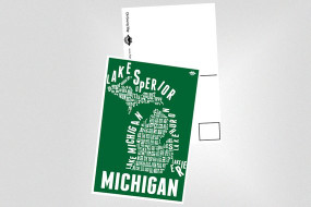  4x6 postcard of the popular "Michigan County Map" print in MSU Green and White.  GO SPARTANS!  
UV Coated for a sleek glossy finish.  
The back is the standard postcard-like design with just enough room for a note to your friends and loved ones! 