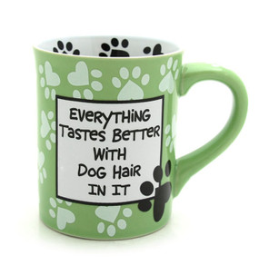 everything tastes better with dog hair in it ceramic mug green pawprints
