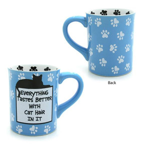 everything tastes better with cat hair in it ceramic funny coffee tea mug gift for cat owner lover blue pawprints
