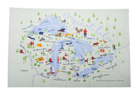 Whimsical depiction of the grand Great Lakes on an 18" x 28" kitchen towel. Original Galleyware artwork shows the major ports, towns and attractions. 
