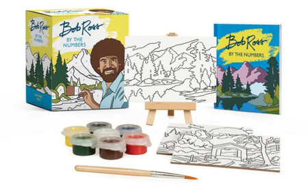 bob ross by the numbers art set, canvas, paint, book