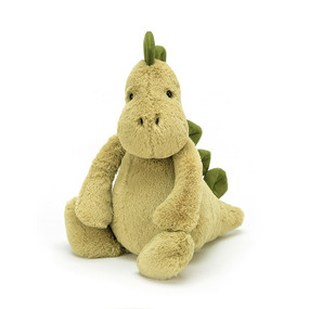 Bashful Dino is soft, mossy matey has chunky stomper-feet, a snuggly snout and fine squishy spines from head to tail, t-rex and triceratops