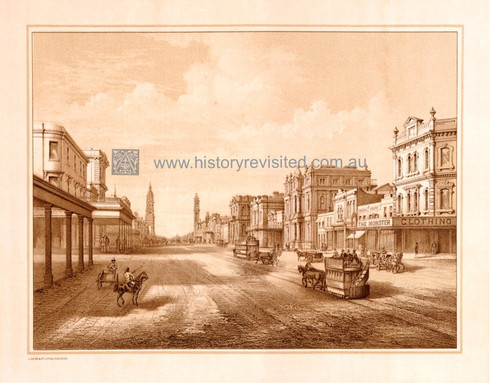 Limited Edition Archival Giclee of Louis Henn & Co. lithograph King William Street looking South, Town hall tower, left, General Post Office, right.  The horse drawn trams prior to electricity in 1895. 