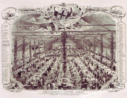 Old Colonist Dinner, 27th March 1851 in celebration of the first sale of town land off Colonel William Light's Plan of the planned settlement of Adelaide. Samuel Thomas Gill, the artist and lithographer, was soon to leave for the Victorian Goldfields along wiht many other of the male colonists. But here we see a mangnificent tent of 600 colonists, mnay of whom were present 14 years earlier.
In Celebration of our 175th year the gallery is issuing 175 Conservation Limited Edition Giclees.