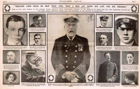 The Daily Mirror 20 April 1912: Here is a tribute featuring Capt E.J Smith, Mr. Bride and Mr. Phillips both wireless operators, Mr. Jacques Futrelle a well known novelist, American Millionaires  Mr. Isidor Straus and wife, Col. J.J. Astor, among others.