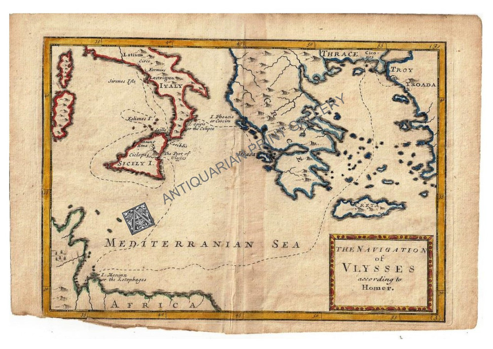Maps Classical Geography Navigation Of Ulysses Homer Browne 1725 Antique Print History