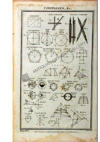 Technology Science "Compasses, &c."  Antique copper-plate engraving, Pub. London 1788