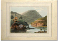 Genuine antique aquatint print, hand colored, of "Post Aberglasslyn", welsh landscape with a mountain in distance, bridge linked to Devil folklore in the middle distance, and with fishermen in the foreground. www.historyrevisited.com.au