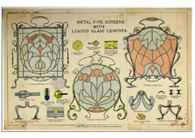 Antique print "Metal Fire Screens with Leaded Glass Centres" Chromolithograph c. 1890 Leadlight & metal in Art Nouveau symmetrical botanical designs using blue, green, terracotta color glass.