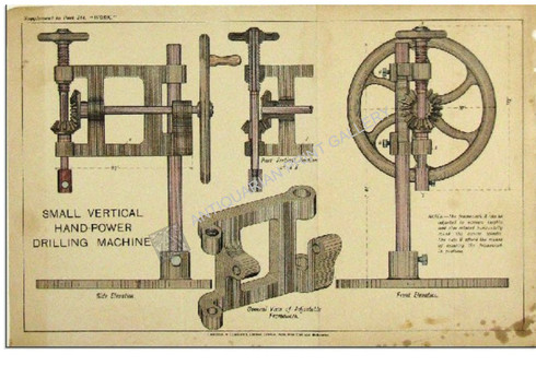 "Small Vertical Hand-power Drilling Machine" Antique Chromolithograph c.1895