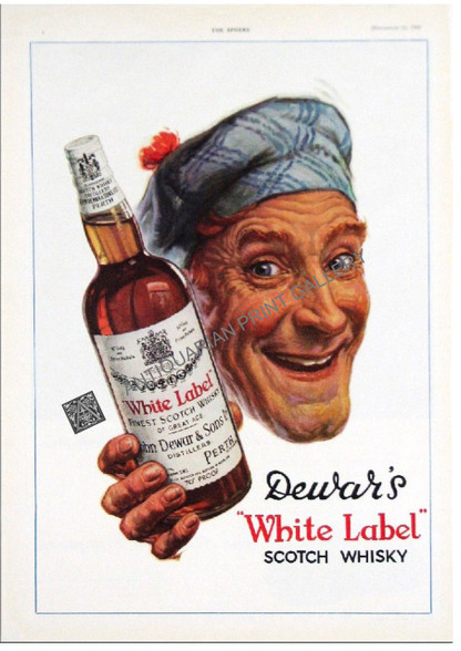Dewars White Label Scotch Whisky Advertisement 1950. Both adverts on this page are reverse of same page. Scotsman holding a bottle of whiskey. Visit www.historyrevisited.com.au