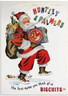 Vintage Advertisement featuring Father Christmas with a Huntley & Palmer Biscuit tin and a bag of children's toys over his shoulder in celebration of Festive Season 1950