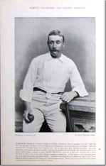 "Harry Trott", Australian Bowler, Antique print, a thick mustache, posed with his left forearm resting on a stone plinth and a cricket ball in his right hand resting on his knee in 1897             