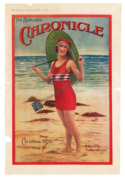 Archival limited Edition Giclee Print. The Adelaide CHRONICLE (young Lady wearing makeup in red bathing costume and matching cap, Green Parasol on a sunny, sandy beach) Christmas 1924. www.historyrevisited.com.au