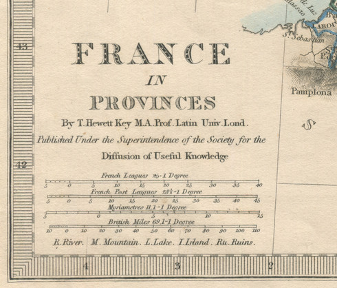 Title with distance key in French Leagues, French Post Leagues, Myriametres, and British Miles. www.historyrevisited.com.au
