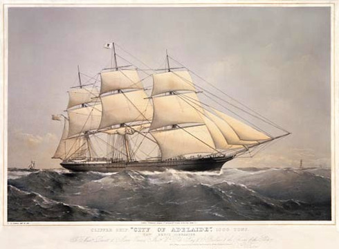 Maiden voyage of "City of Adelaide" clipper,  artist Thomas Dutton, built by William Pile, Hay & Co. Sunderland, County Durham. Brought passengers to and produce from the colony of South Australia 1864-1887. www.historyrevisited.com.au