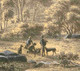 Detail of the Kangaroo hunters in left foreground, with hunting dogs, with vanquished kangaroo on ground in front of them. www.historyrevisited.com.au