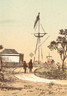 Giclee print, colonial South Australia, Adelaide scene from Government House grounds with two gentlemen in formal dress viewing the house, in background signalling flag-pole to inform colonists of ships in Port Adelaide 6 miles away.