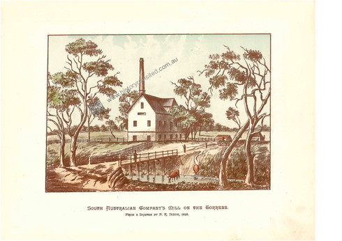 Built by the South Australian Company, the SA Co. Mill was painted by Frederick Robert Nixon in 1845, to be later used by Bookseller E.S.Wigg & Son forty years later in 1886 for chromolithographic reproduction.