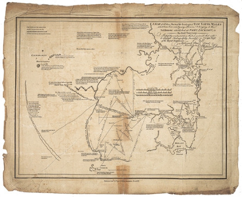 Giclee map of original published by John Stockdale in Piccadilly, London, 1792. Coast from Broken Bay to Botany Bay and the hinterland to the 'Carmarthen Mountains', annotated with water, topology, soil condition by WIlliam Dawes. 
