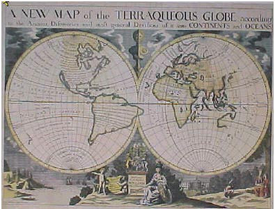 The World, 1700:"A New Map of the Terraqueous Globe, according to the Ancient Discoveries and the Most General Divisions of it into Continents and Oceans.''
A New Map of the Terraqueous Globe, according to the Ancient Discoveries and the Most General Divisions of it into Continents and Oceans'
Archival quality Limited edition of original hand coloured, copper-plate engraving by Michael Burghers (1653-1727) and publisher,  Edward Wells, Oxford c.1700.