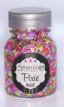 Valley Girl Pixie Paint is a blend of chunky sizes of blacklight reactive glitters with a mix of silver and holographic glitters.  It looks great in daylight or under blacklight.