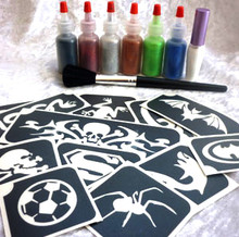 Boys Glitter Tattoo Kit contains:-
1 x Pros-ade Glue 8 ml in an applicator bottle
6 x Glitter Puffers- Black, Red, Tangerine, Silver, Blue &Emerald Green
25 x Frog, Spider, Pirate and boyish Stencils
1 x Sweeper Brush
Easy to follow Instructions
All in an attractive storage box