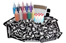 This kit includes everything you need to get started!

850 Stencils (10 of each design on Poster)

Full Size Stencil Poster (46cm x 138cm)

10 x 15ml Glitters in easy to use Puffer Bottles

10 x 60ml Glitter refills

10 x 8ml Prosade Cosmetic Glue in Applicator vial

2 x Sweeper Brushes

Easy to follow instruction sheet
 Great value!