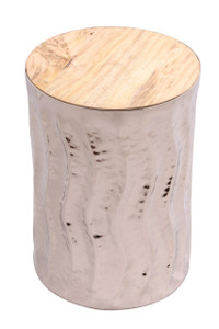 WAVE Silver Metal Round Accent Drum Table with Natural Wood Top