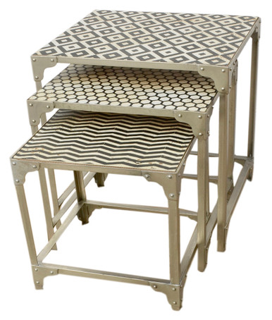 HILO Antiqued Nesting tables in white & black with Silver Stand.