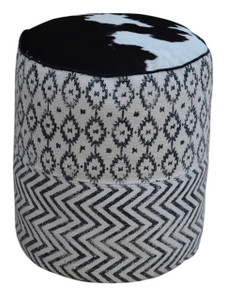 UMA black & white patterned pouf with cow hide top