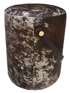 RANCH brown & white cow hide pouf with leather handle