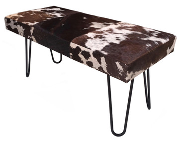 Modern Bench VIDA Upholstered in Brown & White Hide with Metal Legs