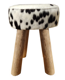 Round Stool INDY in Black & White Cow Hide with Rustic Wood Legs