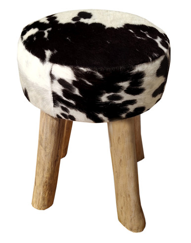 Round Stool INDY in Black & White Cow Hide with Rustic Wood Legs