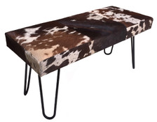 Modern Bench RAKE Upholstered in Brown & White Hide with Metal Legs