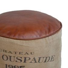 Round Canvas and Leather Pouf VINE adorned with French wine logo