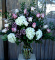 Vase Arrangement  Pink  Roses And Hydrangea.