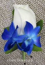 rose with blue orchids boutonniere