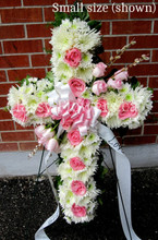 Small funeral standing cross with pink roses $75