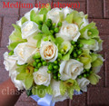  Green Cymbidium Orchids, Green Hypericum Berries and Ivory Roses Bridal Bouquet 