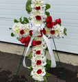 White Standing Cross Flower Arrangement With Red Roses