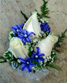 Tthree White Roses And Blue Hyacinth Wrist Corsage