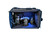IonosGear1 side view shows the case opened on one side to demonstrate the high luminosity lamp, portals, and capacity to protect a variety of camera bodies and lens sizes while changing lenses.  The lamp and a Fresnel lens permit close inspection of the camera sensor for cleaning purposes. The upper portion of this image shows the wiring of the electronic air scrubbers and the pockets to hold sensor cleaning products.